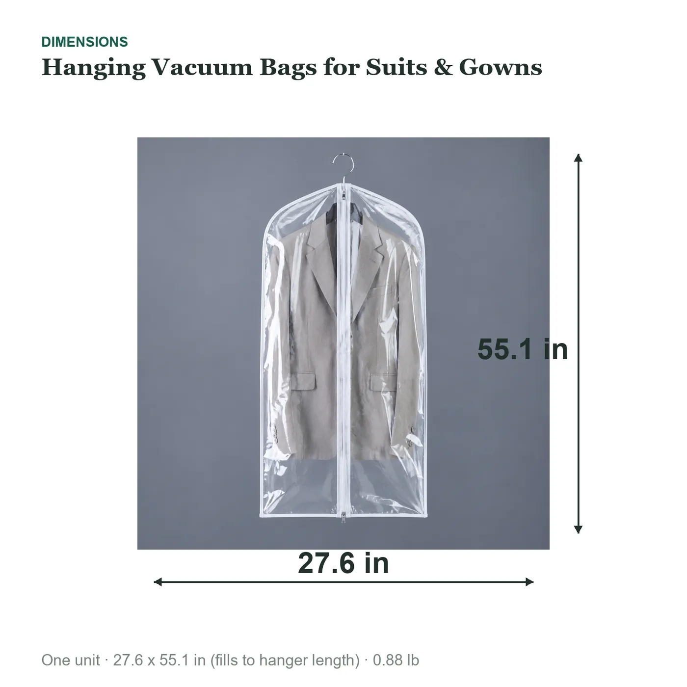 Hanging Vacuum Bags for Suits & Gowns dimensions diagram