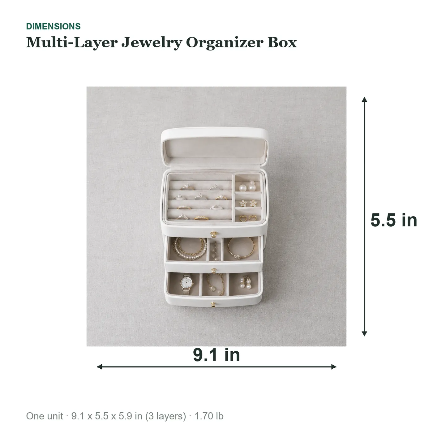 Multi-Layer Jewelry Organizer Box dimensions diagram