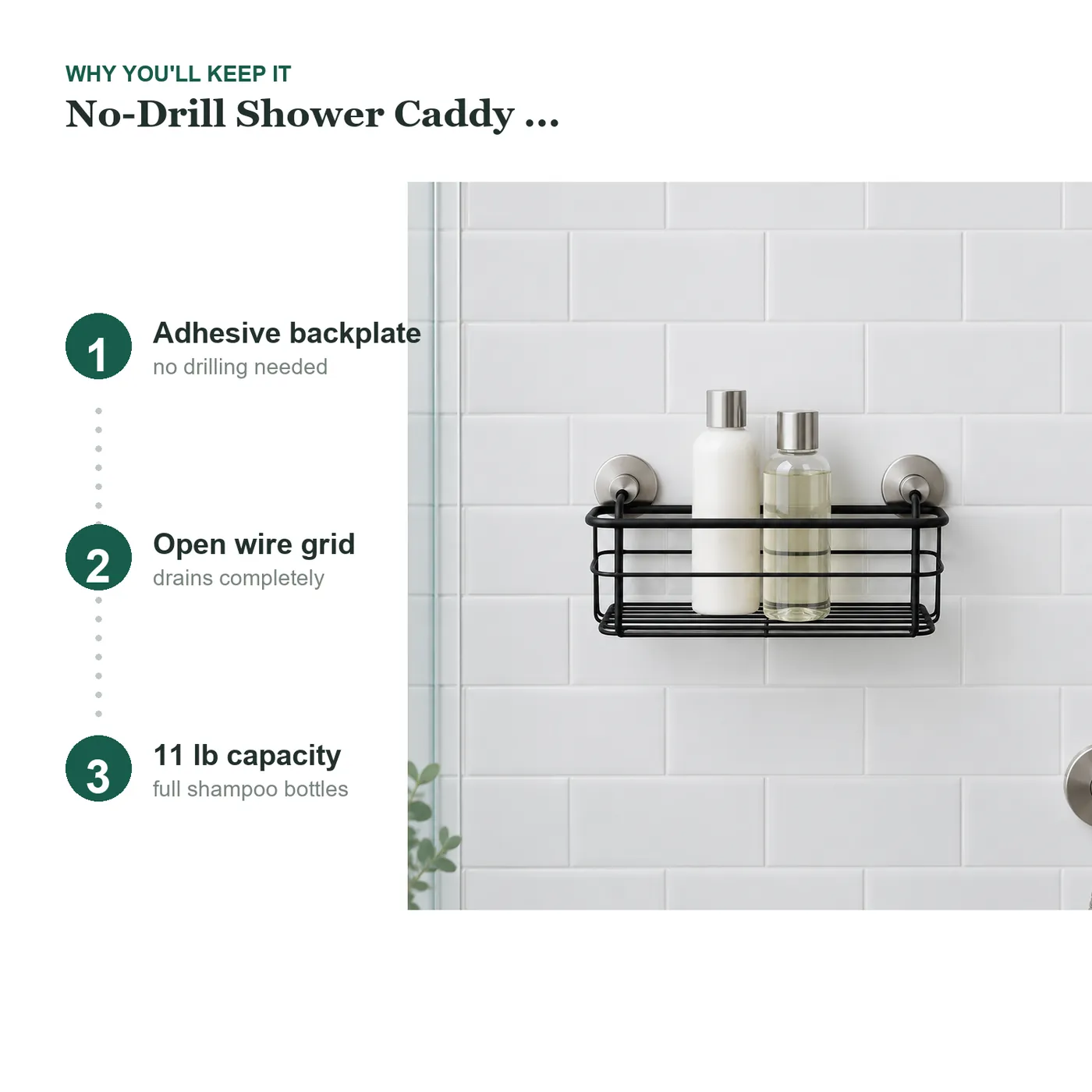 No-Drill Shower Caddy Shelf - key details