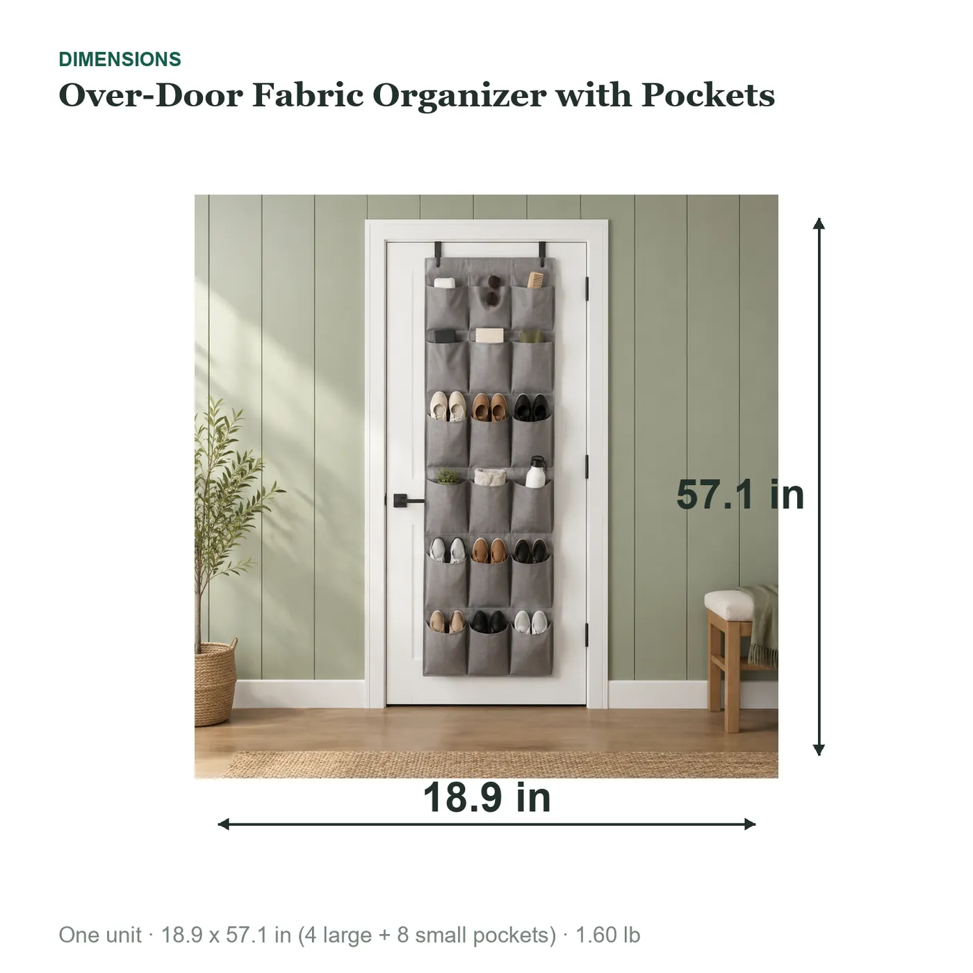 Over-Door Fabric Organizer with Pockets - dimensions