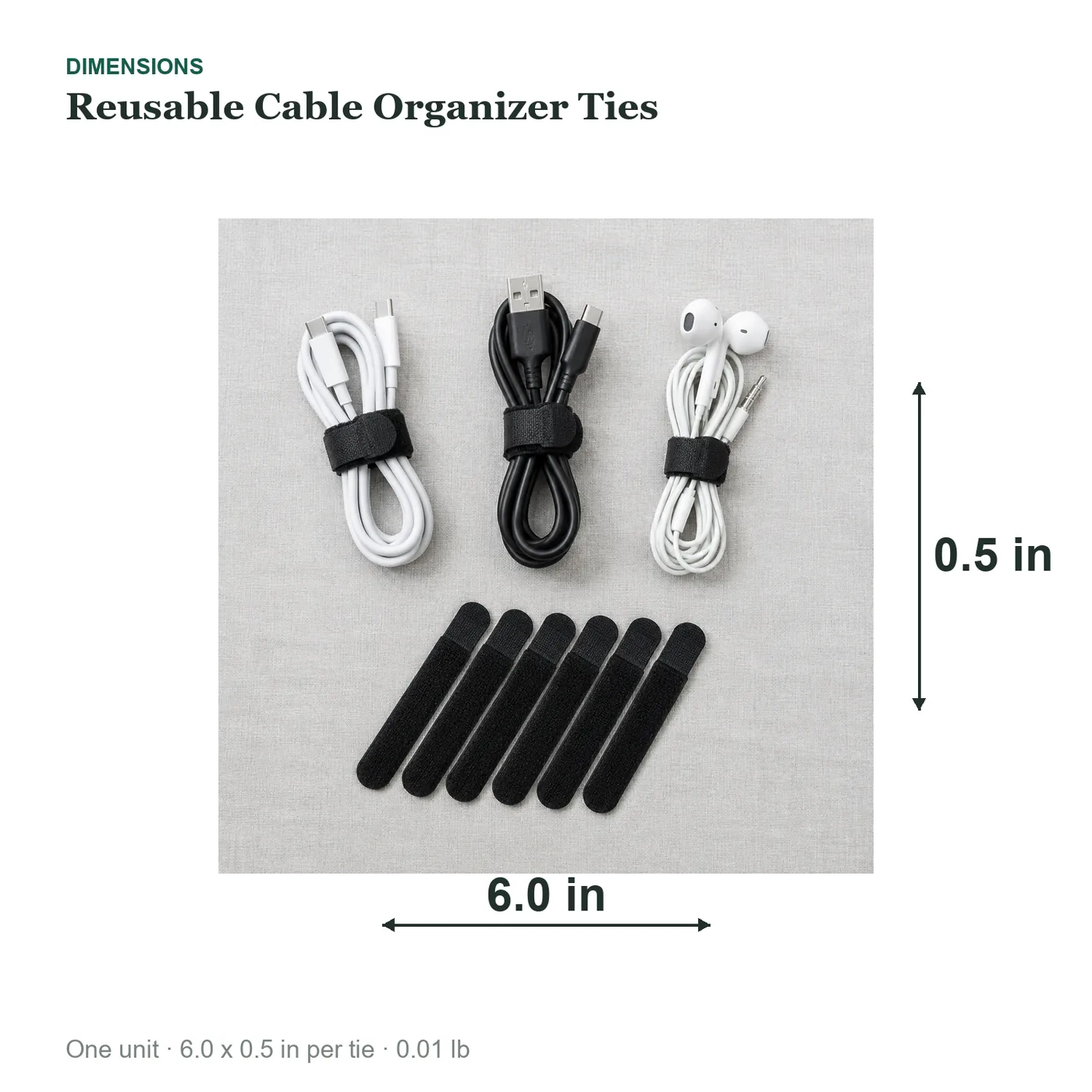 Reusable Cable Organizer Ties dimensions diagram