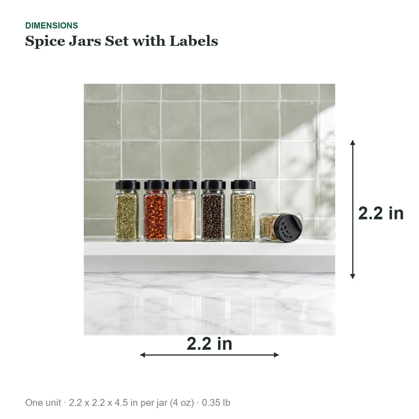 Spice Jars Set with Labels dimensions diagram